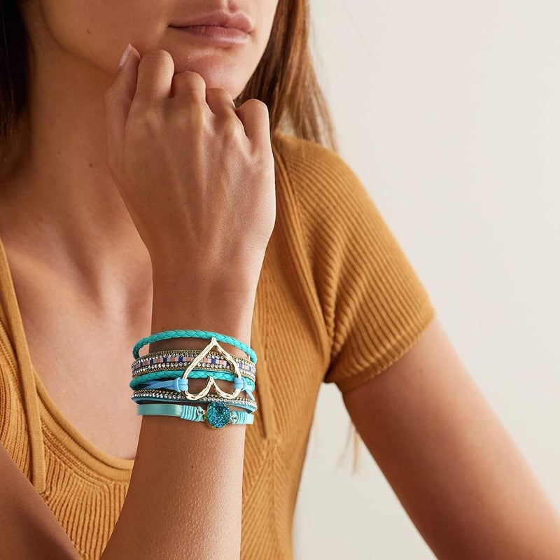 Suyi Multilayer Leather Wrap Bracelet Heart-Shape Wide Cuff Bracelets for Women - Image 2